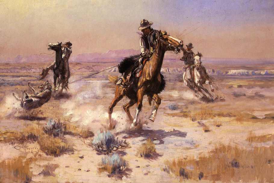 Roping a wolf - Charles Marion Russell Paintings